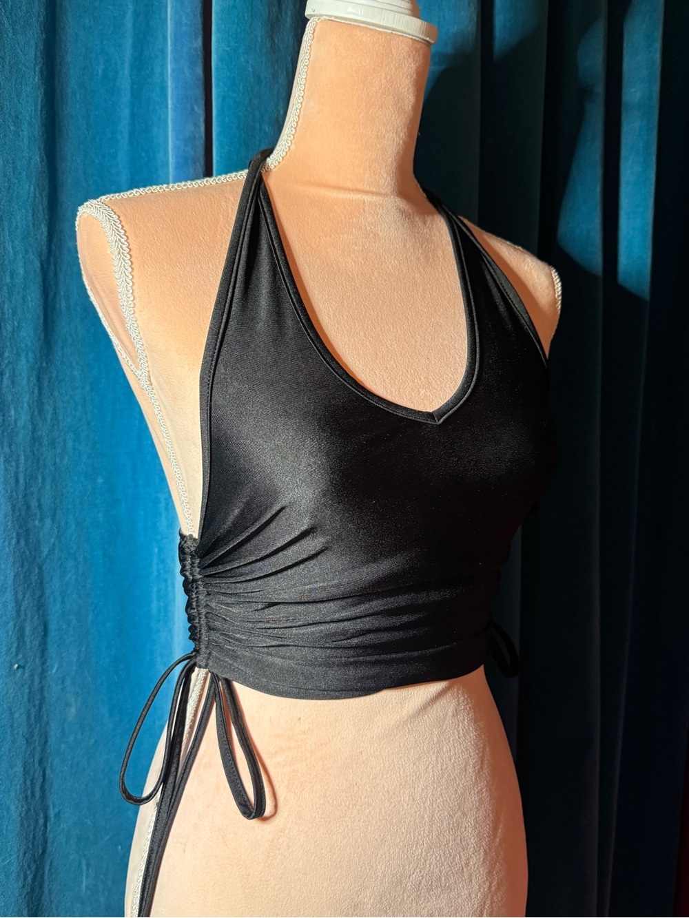 Women’s Black Halter Ruched Side Tie Crop Top